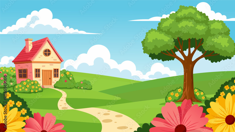 Fototapeta premium A charming cartoon illustration of a cozy house nestled in a vibrant green landscape with a winding path and blooming flowers.