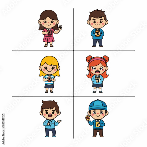 Cartoon grid of six diverse students holding drinks, displaying various emotions and gestures like happiness, anger, fear, and confusion.
