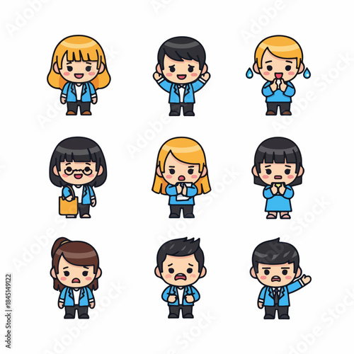 A set of nine cute chibi cartoon characters depicting various business emotions and actions, including happy, surprised, shy, and upset.