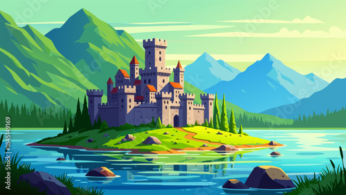 A majestic medieval castle stands proudly on a lush green island surrounded by a serene blue lake, with rolling mountains in the background under a clear sky.