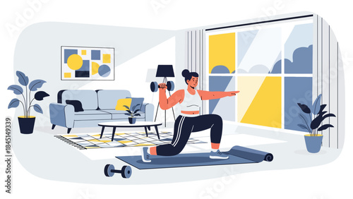 Person exercising at home with simple fitness equipment in modern flat vector style, healthy lifestyle concept, ideal for wellness, fitness, and home workout content