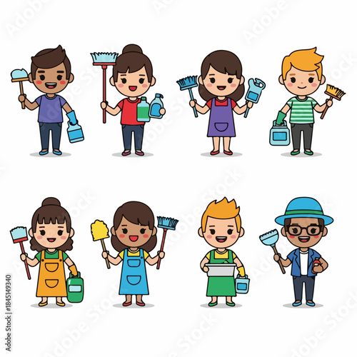 Cute Cartoon Janitors and Housekeeping Staff Vector Set Holding Cleaning Tools, Supplies, and Chemicals, Isolated on White Background.