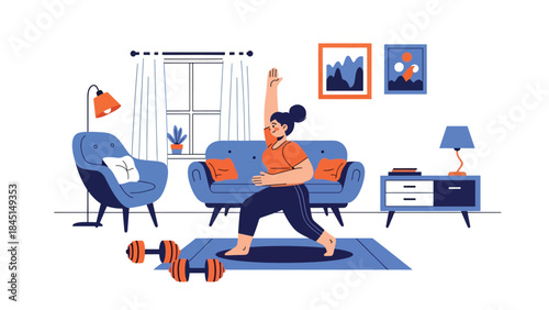 Person exercising at home with simple fitness equipment in modern flat vector style, healthy lifestyle concept, ideal for wellness, fitness, and home workout content