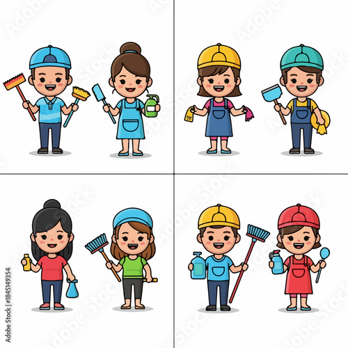 Cute cartoon illustrations of cleaning service staff, including men and women, holding brooms, mops, and cleaning supplies, isolated on white.