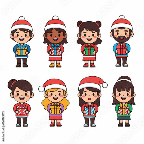 Cute diverse Christmas characters set holding presents, wearing Santa hats, isolated on white for holiday illustrations.