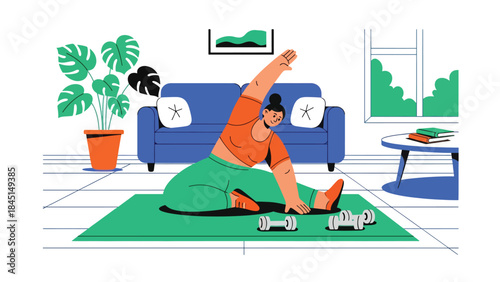 Person exercising at home with simple fitness equipment in modern flat vector style, healthy lifestyle concept, ideal for wellness, fitness, and home workout content