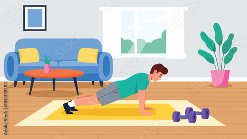 Person exercising at home with simple fitness equipment in modern flat vector style, healthy lifestyle concept, ideal for wellness, fitness, and home workout content