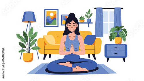 People practicing yoga and meditation indoors in calm modern flat vector illustration, mindfulness and balance concept, ideal for wellness, mental health, and relaxation themes