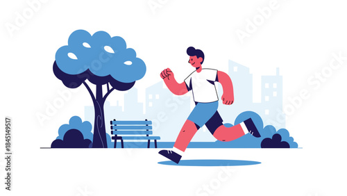 Person jogging in city park illustrated in modern flat vector style, active lifestyle and outdoor fitness, ideal for health, sport, and leisure visuals