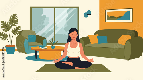 People practicing yoga and meditation indoors in calm modern flat vector illustration, mindfulness and balance concept, ideal for wellness, mental health, and relaxation themes