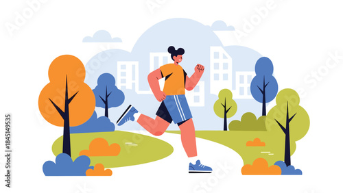 Person jogging in city park illustrated in modern flat vector style, active lifestyle and outdoor fitness, ideal for health, sport, and leisure visuals