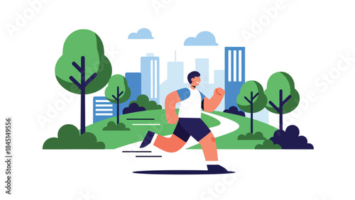 Person jogging in city park illustrated in modern flat vector style, active lifestyle and outdoor fitness, ideal for health, sport, and leisure visuals