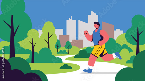 Person jogging in city park illustrated in modern flat vector style, active lifestyle and outdoor fitness, ideal for health, sport, and leisure visuals