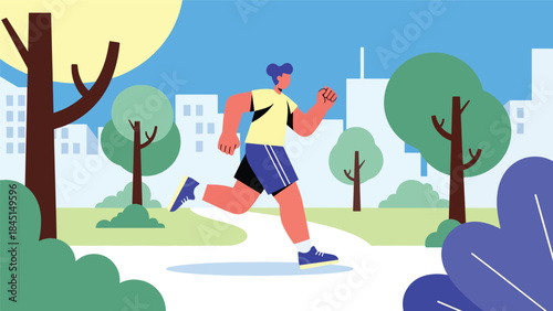 Person jogging in city park illustrated in modern flat vector style, active lifestyle and outdoor fitness, ideal for health, sport, and leisure visuals