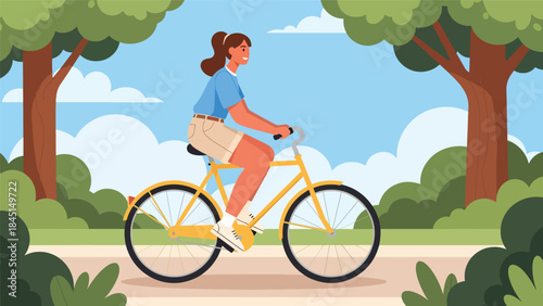 People cycling outdoors in modern flat vector illustration, eco-friendly leisure and active lifestyle, ideal for sport, recreation, and sustainability content