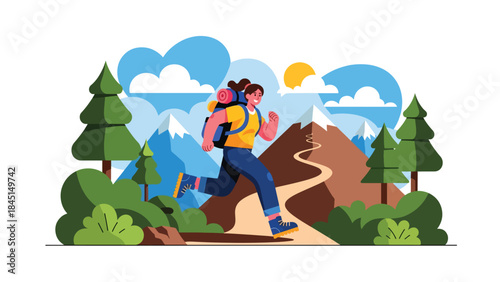 People hiking on mountain trails in modern flat vector illustration, outdoor adventure and travel leisure, ideal for tourism, nature, and lifestyle themes