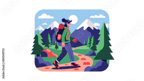 People hiking on mountain trails in modern flat vector illustration, outdoor adventure and travel leisure, ideal for tourism, nature, and lifestyle themes