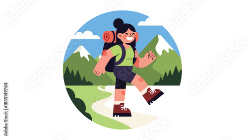 People hiking on mountain trails in modern flat vector illustration, outdoor adventure and travel leisure, ideal for tourism, nature, and lifestyle themes