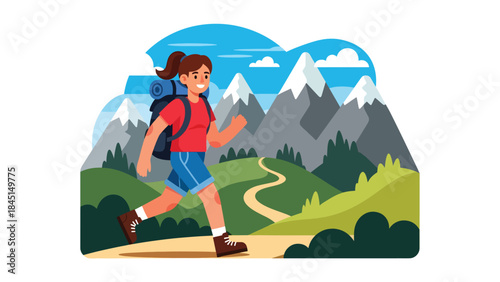 People hiking on mountain trails in modern flat vector illustration, outdoor adventure and travel leisure, ideal for tourism, nature, and lifestyle themes