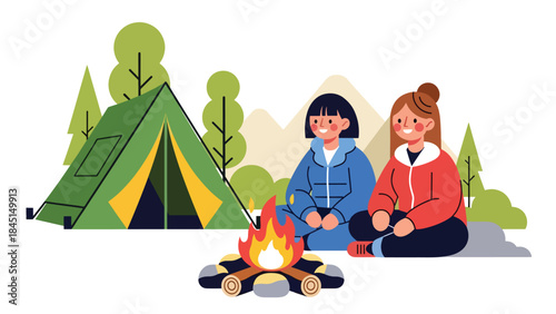 Camping scene with tent and campfire illustrated in modern flat vector style, outdoor relaxation and adventure, ideal for travel and leisure content