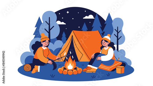 Camping scene with tent and campfire illustrated in modern flat vector style, outdoor relaxation and adventure, ideal for travel and leisure content