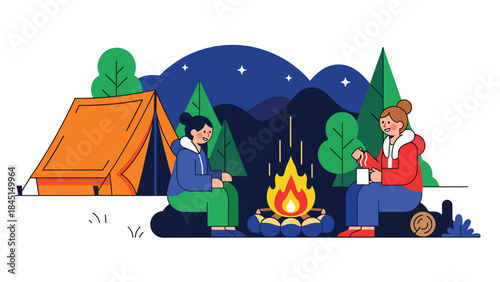 Camping scene with tent and campfire illustrated in modern flat vector style, outdoor relaxation and adventure, ideal for travel and leisure content