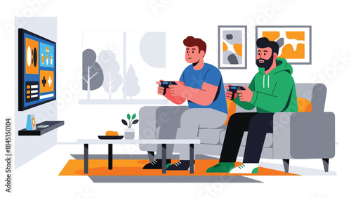 People playing video games at home illustrated in modern flat vector style, digital entertainment and leisure activity, ideal for gaming and lifestyle visuals