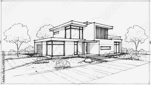 Modern Architectural House Design Sketch with Clean Lines and Large Windows.