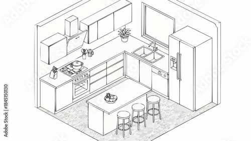 Modern Kitchen Interior Design Sketch with Island and Appliances.