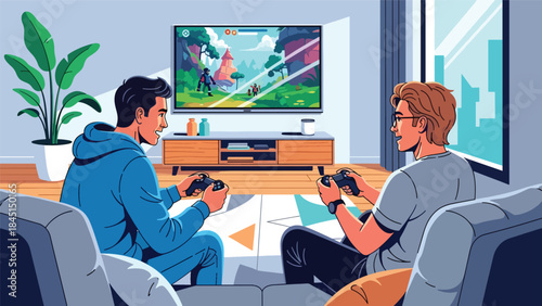 People playing video games at home illustrated in modern flat vector style, digital entertainment and leisure activity, ideal for gaming and lifestyle visuals