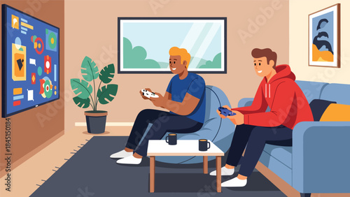 People playing video games at home illustrated in modern flat vector style, digital entertainment and leisure activity, ideal for gaming and lifestyle visuals