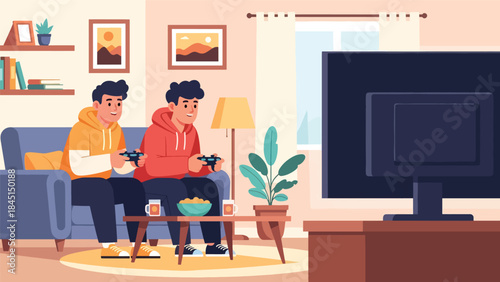 People playing video games at home illustrated in modern flat vector style, digital entertainment and leisure activity, ideal for gaming and lifestyle visuals