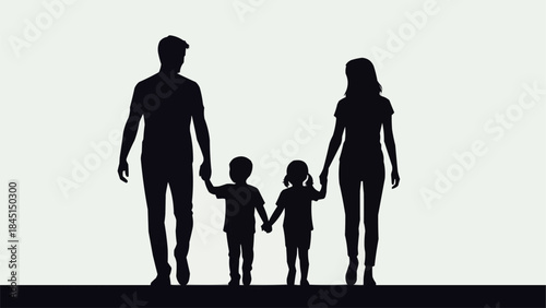 Silhouette of a family walking together holding hands.
