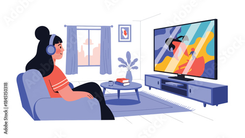 People watching movies or streaming at home in modern flat vector illustration, entertainment and relaxation concept, ideal for lifestyle and leisure content