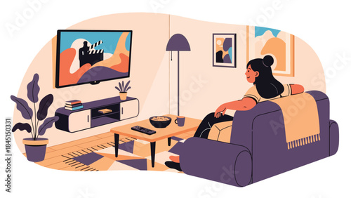 People watching movies or streaming at home in modern flat vector illustration, entertainment and relaxation concept, ideal for lifestyle and leisure content