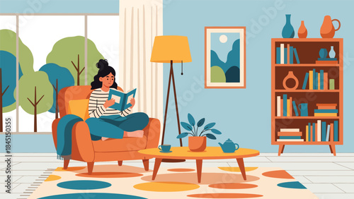 Person reading a book comfortably in modern flat vector style, relaxing hobby and self-improvement, ideal for education and lifestyle visuals