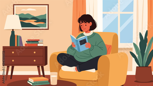 Person reading a book comfortably in modern flat vector style, relaxing hobby and self-improvement, ideal for education and lifestyle visuals