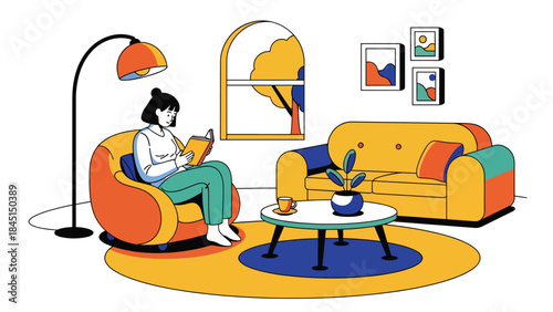 Person reading a book comfortably in modern flat vector style, relaxing hobby and self-improvement, ideal for education and lifestyle visuals