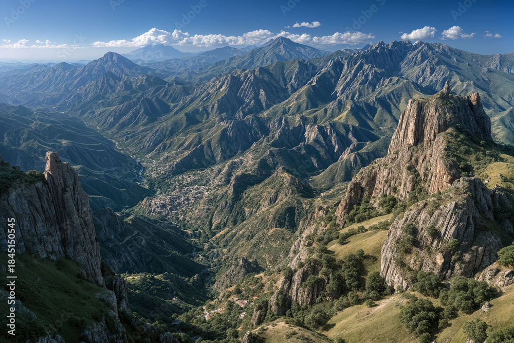 Fototapeta premium Majestic mountain range with dramatic peaks and lush valleys under a clear blue sky