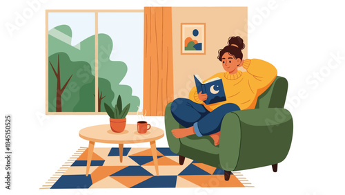 Person reading a book comfortably in modern flat vector style, relaxing hobby and self-improvement, ideal for education and lifestyle visuals
