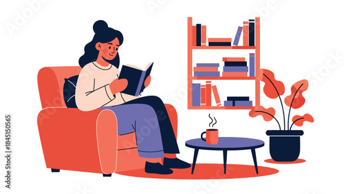 Person reading a book comfortably in modern flat vector style, relaxing hobby and self-improvement, ideal for education and lifestyle visuals