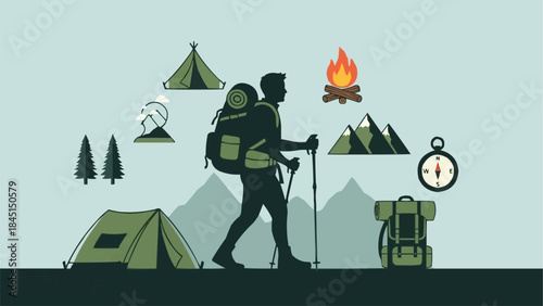 Silhouette of a hiker with backpack and trekking poles on a mountain adventure.