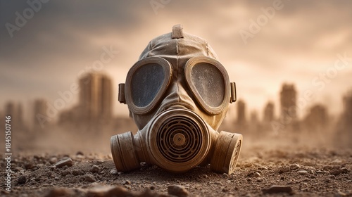 Gas mask on the ground with a blurred city in the background, post-apocalyptic scene