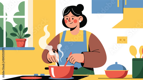 Person cooking in home kitchen illustrated in modern flat vector style, creative home hobby and lifestyle concept, ideal for food and leisure content