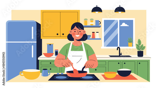 Person cooking in home kitchen illustrated in modern flat vector style, creative home hobby and lifestyle concept, ideal for food and leisure content