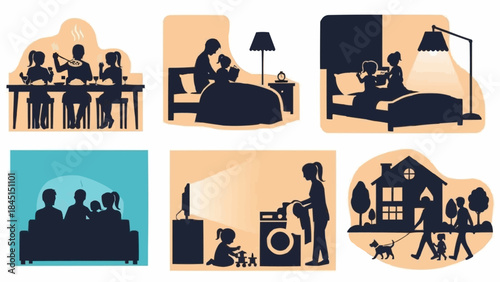 Silhouettes of families enjoying various indoor and outdoor activities together.