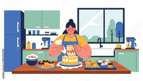 Baking cakes and pastries at home in modern flat vector illustration, creative and relaxing leisure activity, ideal for food and lifestyle themes
