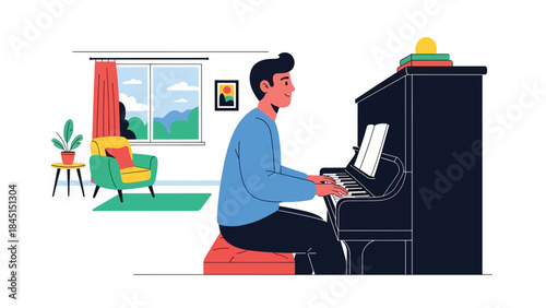Person playing musical instrument piano illustrated in modern flat vector style, creative music hobby, ideal for art, culture, and leisure content
