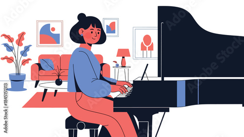 Person playing musical instrument piano illustrated in modern flat vector style, creative music hobby, ideal for art, culture, and leisure content