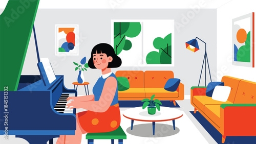 Person playing musical instrument piano illustrated in modern flat vector style, creative music hobby, ideal for art, culture, and leisure content